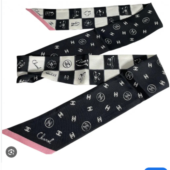 CHANEL Camellia Motif Reversible Scarf Black Pink Luxury Bandana with Box - Picture 1 of 6